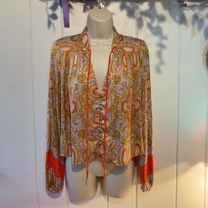 Beautiful NWOT Free People silky blouse,lavender,tan, orange paisley print, XS